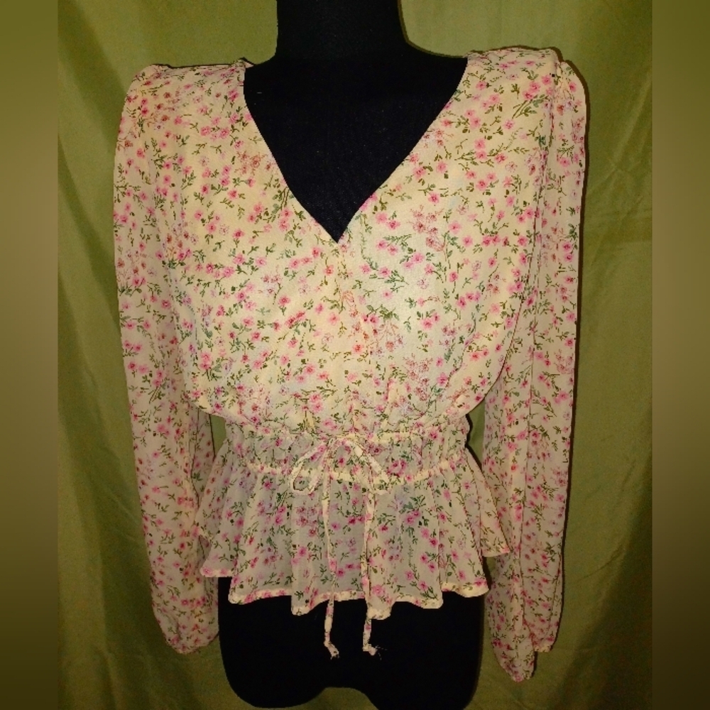 London Rose Floral V-Neck Blouse with Peplum Hem